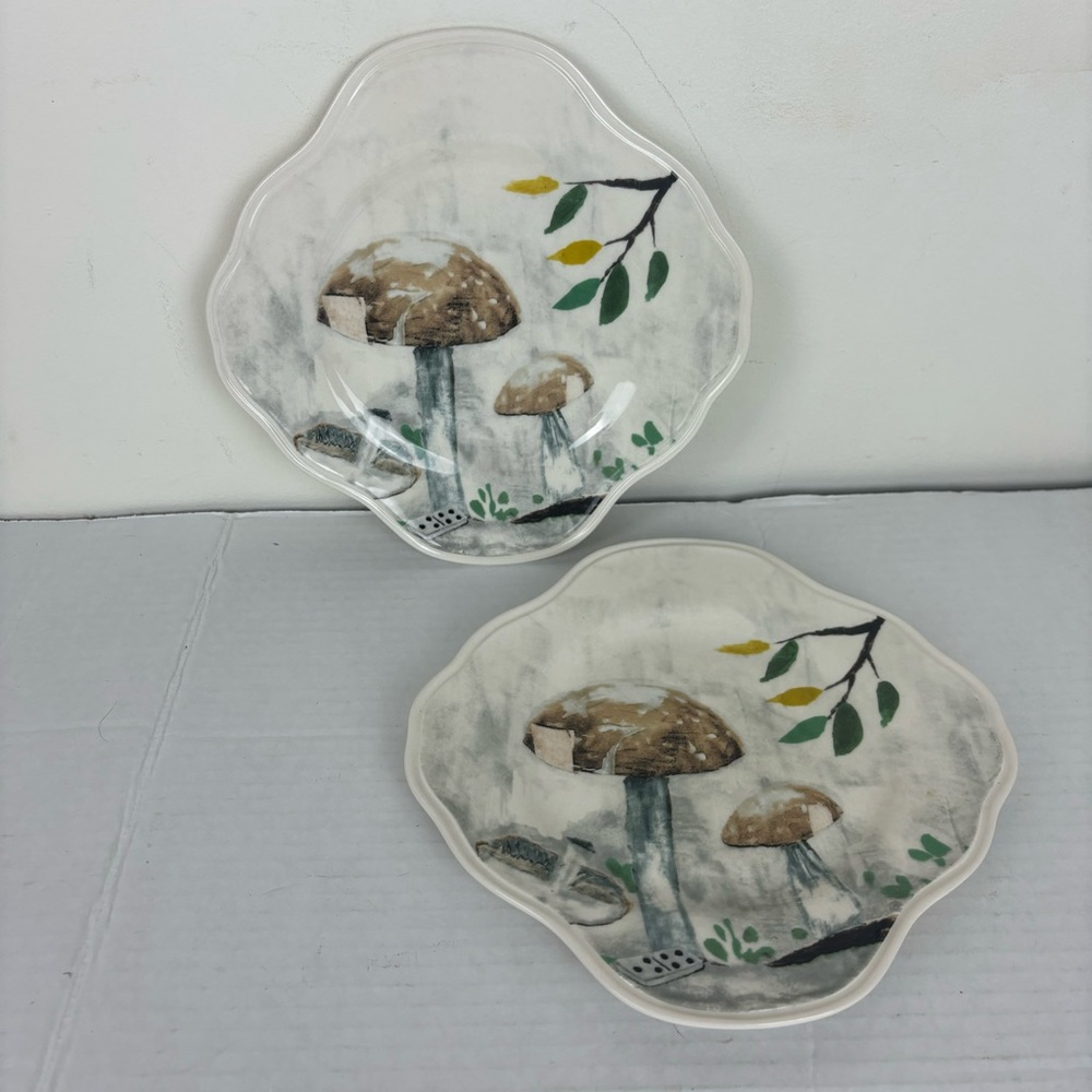 Lot of (2) Anthropologie-Rebecca Rubouche/“Patch of Shade” mushroom salad plates
